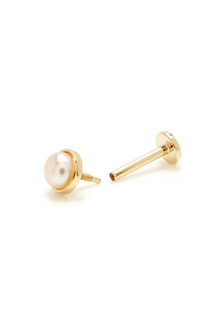 Solid 14ct Gold Bezel Pearl Flat Back Stud Earring - Gold