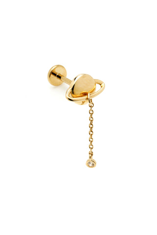 Solid Gold Saturn Stud Earring with Hanging Gem and Threadless Titanium Flat Back
