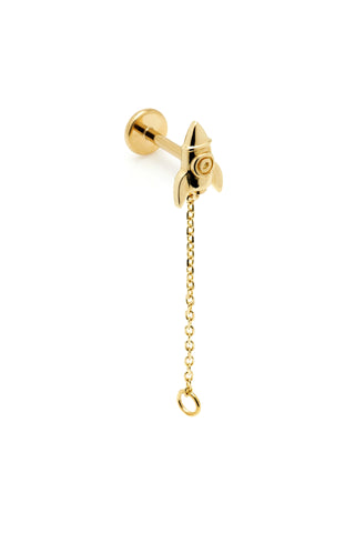 Solid Gold Rocket Stud Earring with Chain and Threadless Titanium Flat Back