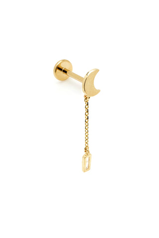 Solid Gold Crescent Moon Stud Earring with Hanging Gem and Threadless Titanium Flat Back
