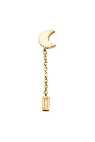 Solid Gold Crescent Moon Stud Earring with Hanging Gem and Threadless Titanium Flat Back