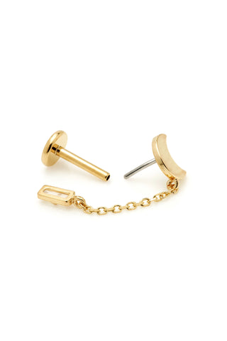 Solid Gold Crescent Moon Stud Earring with Hanging Gem and Threadless Titanium Flat Back