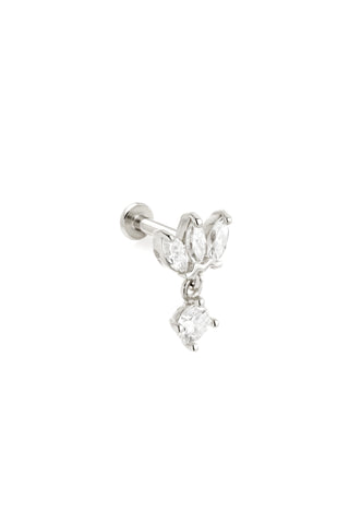 Solid 14ct Gold Threadless Flat Back Stud Earring with Triple Marquise and Hanging Diamonds - White Gold