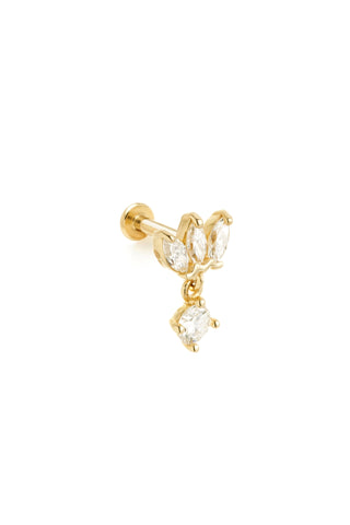 Solid 14ct Gold Threadless Flat Back Stud Earring with Triple Marquise and Hanging Diamonds - Gold