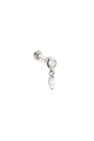 Solid 14ct Gold Threadless Flat Back Stud Earring with Bezel-Set and Hanging Diamonds - White Gold
