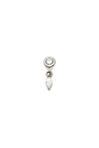 Solid 14ct Gold Threadless Flat Back Stud Earring with Bezel-Set and Hanging Diamonds - White Gold
