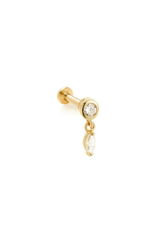 Solid 14ct Gold Threadless Flat Back Stud Earring with Bezel-Set and Hanging Diamonds - Gold