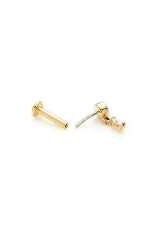 Solid 14ct Gold Threadless Flat Back Stud Earring with Bezel-Set and Hanging Diamonds - Gold
