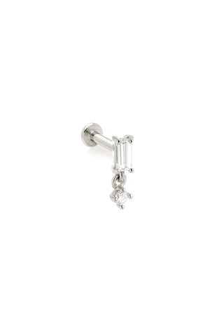 Solid 14ct Gold Threadless Flat Back Stud Earring with Baguette and Hanging Diamonds - White Gold