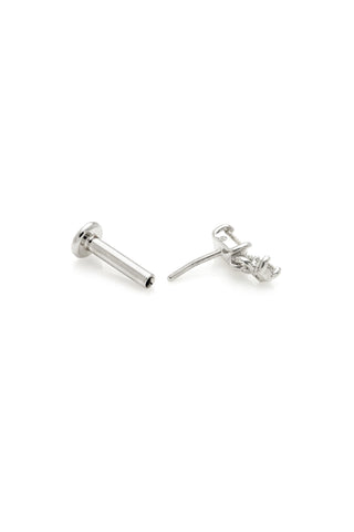 Solid 14ct Gold Threadless Flat Back Stud Earring with Baguette and Hanging Diamonds - White Gold