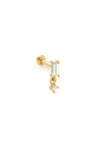 Solid 14ct Gold Threadless Flat Back Stud Earring with Baguette and Hanging Diamonds - Gold