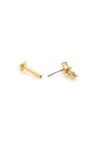 Solid 14ct Gold Threadless Flat Back Stud Earring with Baguette and Hanging Diamonds - Gold