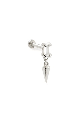 Solid 14ct Gold Flatback Stud Earring with Baguette Diamond and Hanging Spike - White Gold