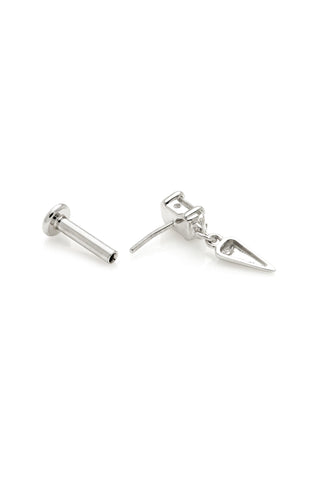 Solid 14ct Gold Flatback Stud Earring with Baguette Diamond and Hanging Spike - White Gold