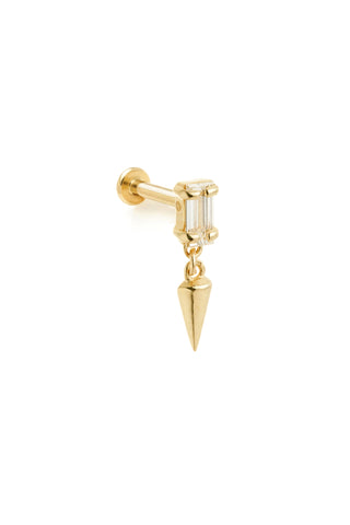 Solid 14ct Gold Flatback Stud Earring with Baguette Diamond and Hanging Spike - Gold