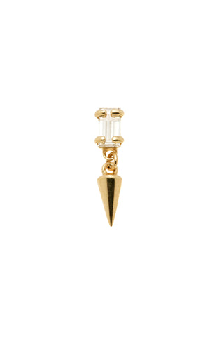 Solid 14ct Gold Flatback Stud Earring with Baguette Diamond and Hanging Spike - Gold