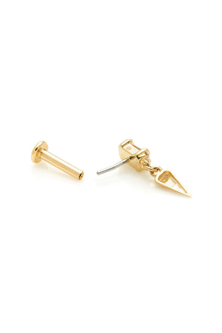 Solid 14ct Gold Flatback Stud Earring with Baguette Diamond and Hanging Spike - Gold