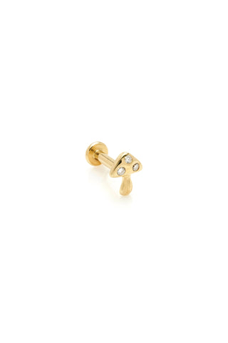 Solid 14ct Gold Mushroom Threadless Flat Back Stud Earring with Diamonds - Gold
