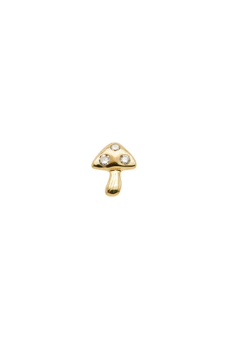 Solid 14ct Gold Mushroom Threadless Flat Back Stud Earring with Diamonds - Gold