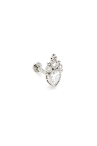 Solid 14ct Gold Threadless Teardrop Crowned Diamond Flat Back Stud Earring - White Gold