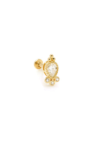 Solid 14ct Gold Teardrop Cluster Threadless Flat Back Stud Diamond Earring - Gold