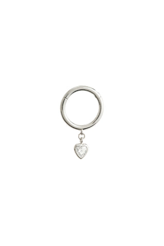 Solid Gold Hinged Earring With Jewelled Heart Charm - White Gold