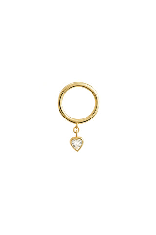 Solid Gold Hinged Earring with Jewelled Heart Charm - Gold