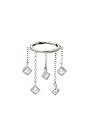 Solid Gold Hinged Earring with Hanging Square Gems - White Gold