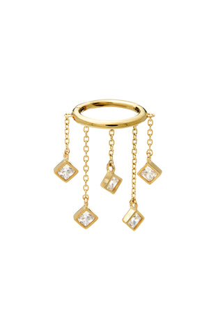 Solid Gold Hinged Earring with Hanging Square Gems - Gold