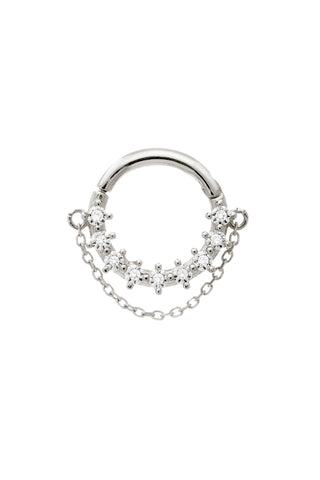 Solid Gold Jewelled Hinged Earring with Hanging Chain - White Gold