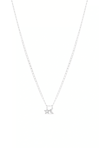 9ct Solid White Gold Moon & Star Flat Curb Chain Necklace