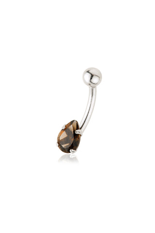 Solid 14ct Internal White Gold Smokey Quartz Pear Navel Bar