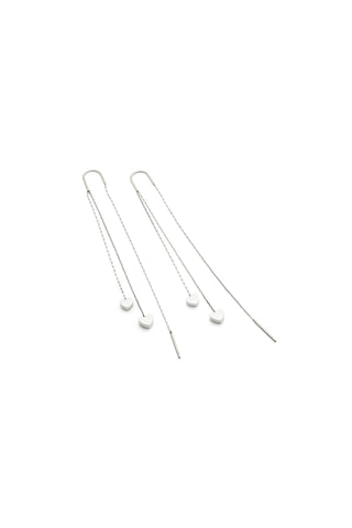 Waterproof Silver Ear Threader Earrings with Double Hanging Hearts