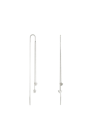 Waterproof Silver Ear Threader Earrings with Double Hanging Hearts