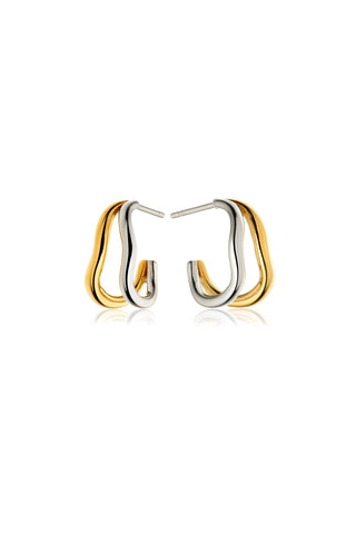 Gold & Titanium Mixed Metal Double Wave Hoop Stud Earrings
