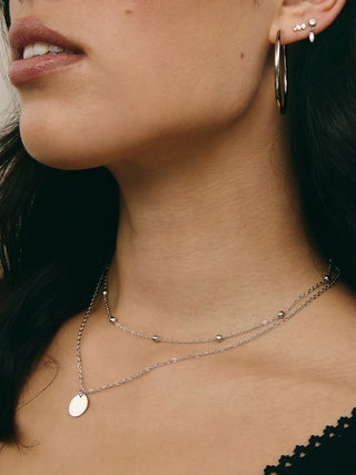 Waterproof Silver Bead and Disc Double Cable Chain Necklace