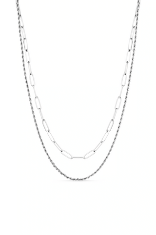 Waterproof Silver Paperclip and Rope Chain Double Necklace
