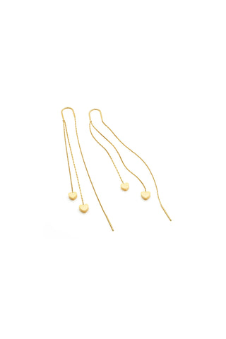 Waterproof Gold Ear Threader Earrings with Double Hanging Hearts