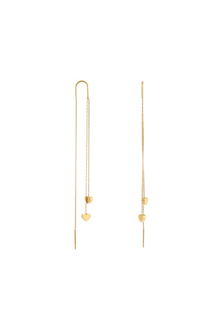 Waterproof Gold Ear Threader Earrings with Double Hanging Hearts
