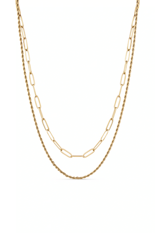 Waterproof Gold Paperclip and Rope Chain Double Necklace