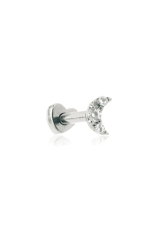 Jewelled Crescent Moon 14ct Solid White Gold Barbell Earring with Screw on Heart Back