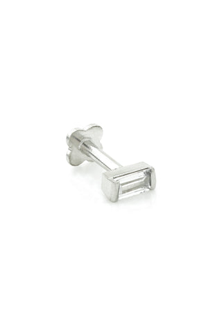 Solid White Gold Jewelled Baguette Internal Thread Flat Back Stud
