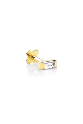 Solid Yellow Gold Jewelled Baguette Internal Thread Flat Back Stud