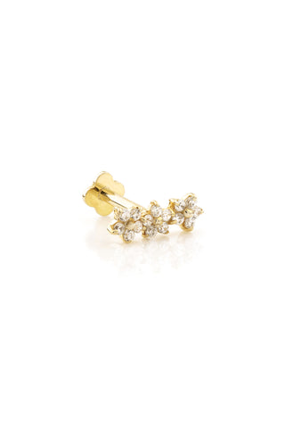 Solid Yellow Gold Jewelled Triple Daisy Flat Back Earring