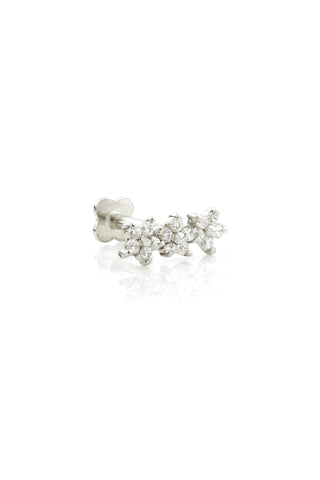Solid White Gold Jewelled Triple Daisy Flat Back Earring
