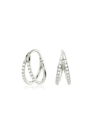 Platinum Titanium Double Band Jewelled Hoop Earrings