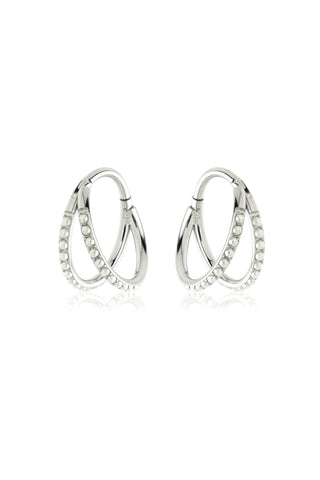 Platinum Titanium Double Band Pearl Hoop Earrings