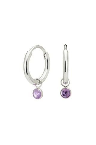 Platinum Titanium Hoop Earrings with Hanging Amethyst Charms