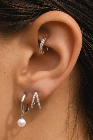 Platinum Titanium Hoop Earrings with Hanging Pearl Charms