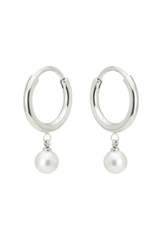 Platinum Titanium Hoop Earrings with Hanging Pearl Charms